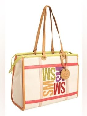 Steve Madden Cream Tote with Pink, Orange, and Purple Accents. (TXABIN)